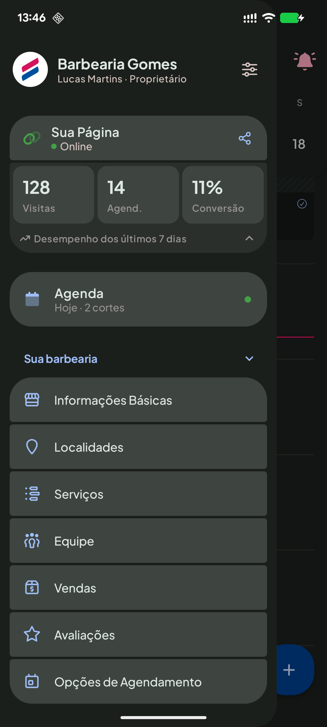 Menu do app