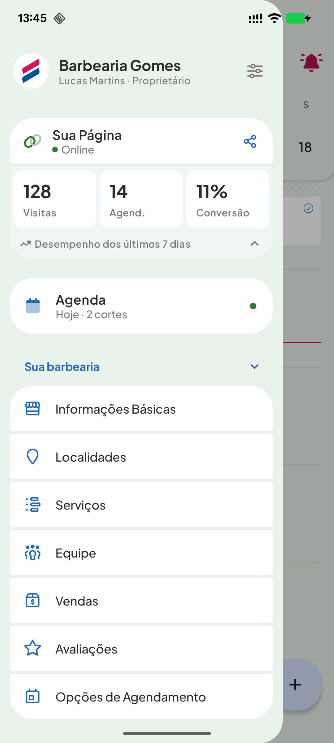 Menu do app